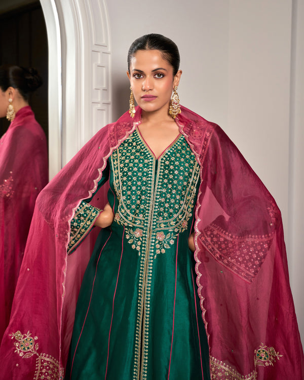 Mahogany Green Chanderi Suit Set