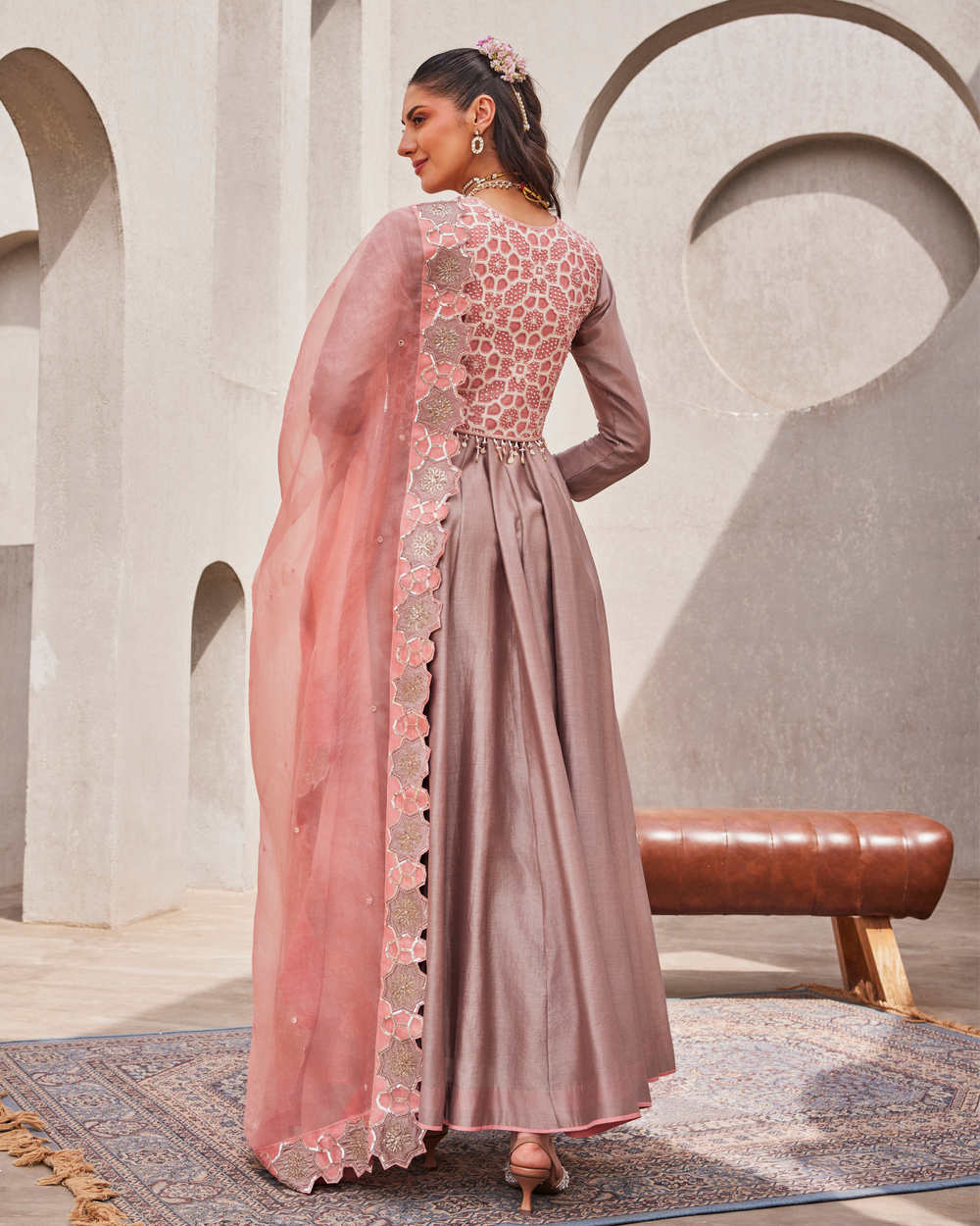 Smoke Grey Anarkali Jacket and Dupatta Set
