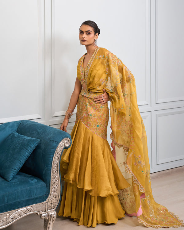 Marigold Ruffled Chiffon Saree