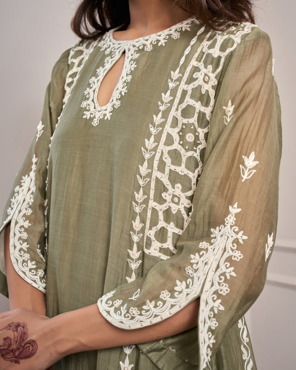 Olive Keyhole Embroidered Kurta Set