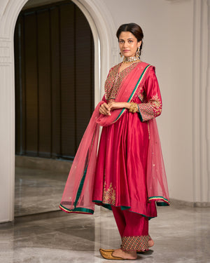 Hot Pink Embroidered Chanderi Suit Set