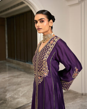 Plum Bell Sleeve Heavywork Kurta Set