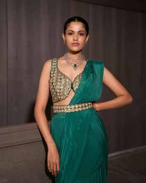 Teal Pre-draped Chiffon Saree