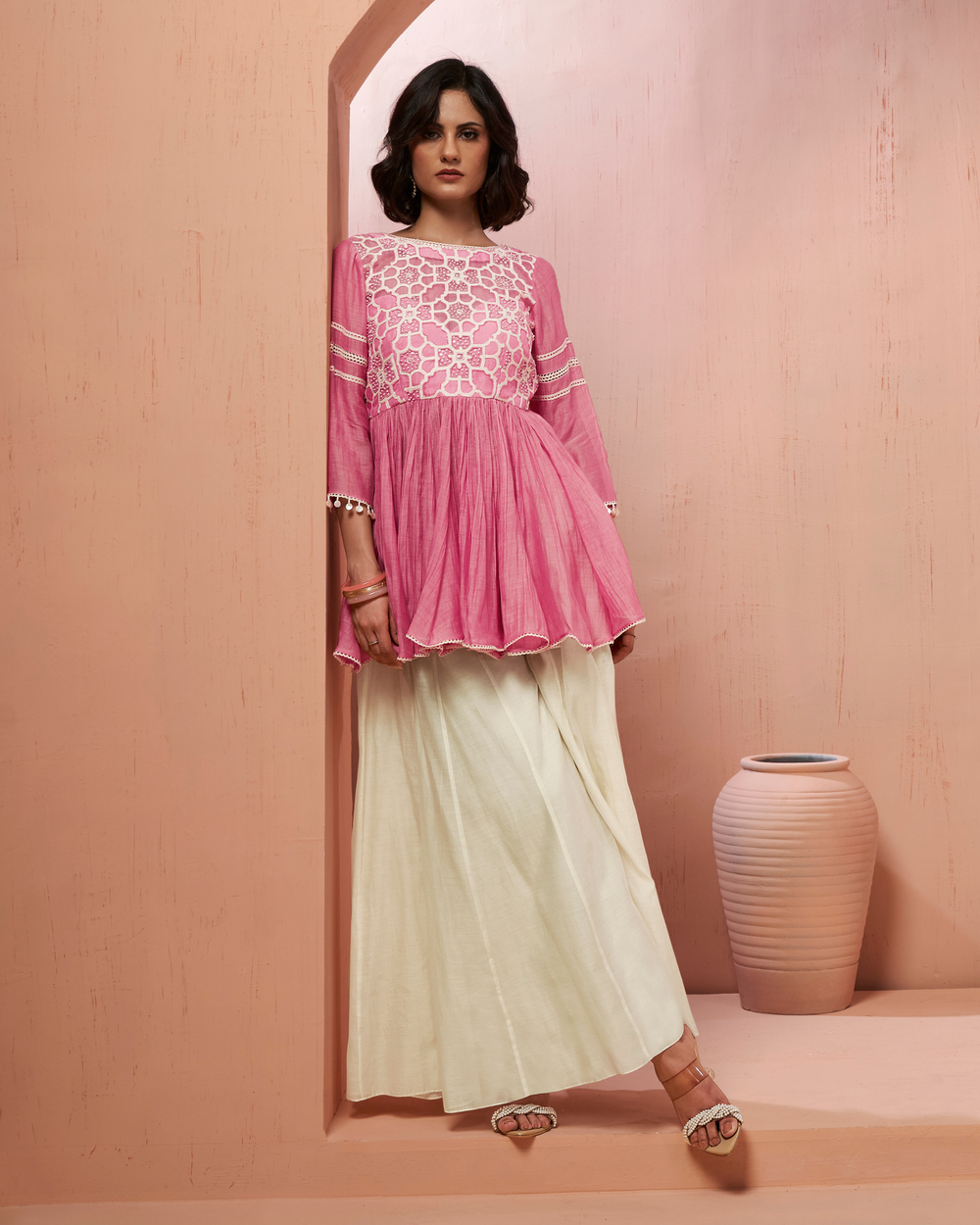 Blush Pearl Organza Silk Palazzo Set