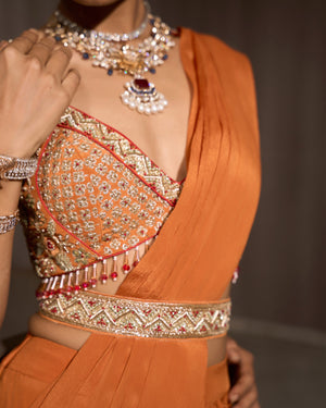Copper Orange Pre-draped Chiffon Saree