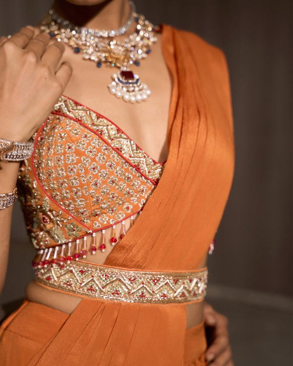 Copper Orange Pre-draped Chiffon Saree