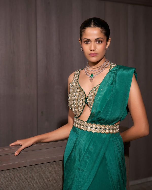 Teal Pre-draped Chiffon Saree