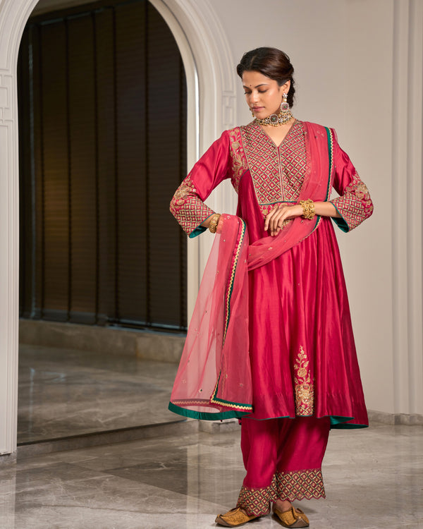 Hot Pink Embroidered Chanderi Suit Set