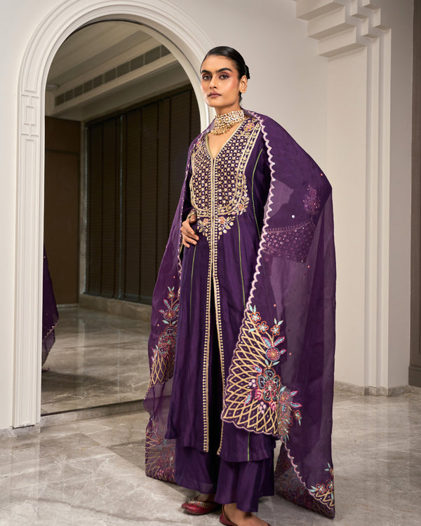Plum Bell Sleeve Heavywork Kurta Set
