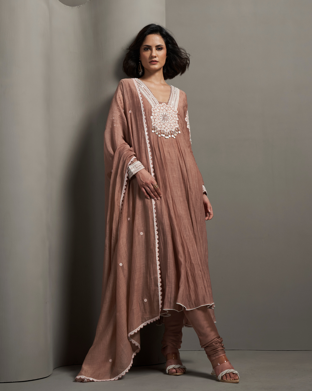 Coral Peach Malai Chanderi Anarkali Set