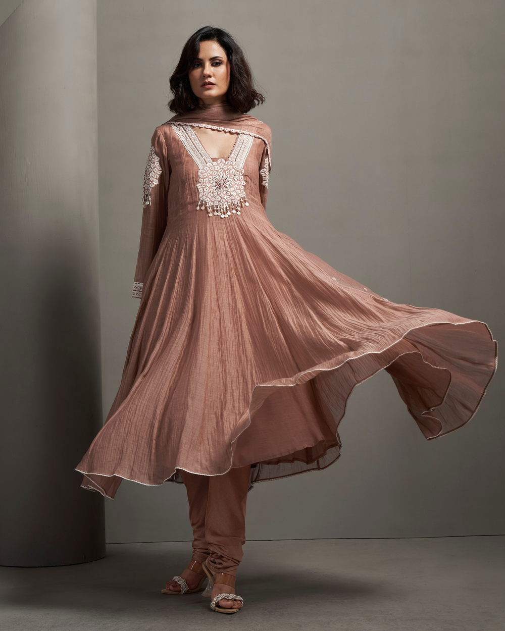 Coral Peach Malai Chanderi Anarkali Set