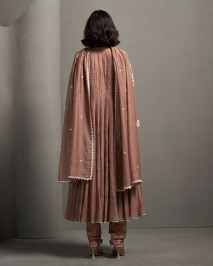 Coral Peach Malai Chanderi Anarkali Set