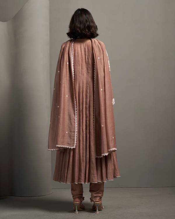 Coral Peach Malai Chanderi Anarkali Set