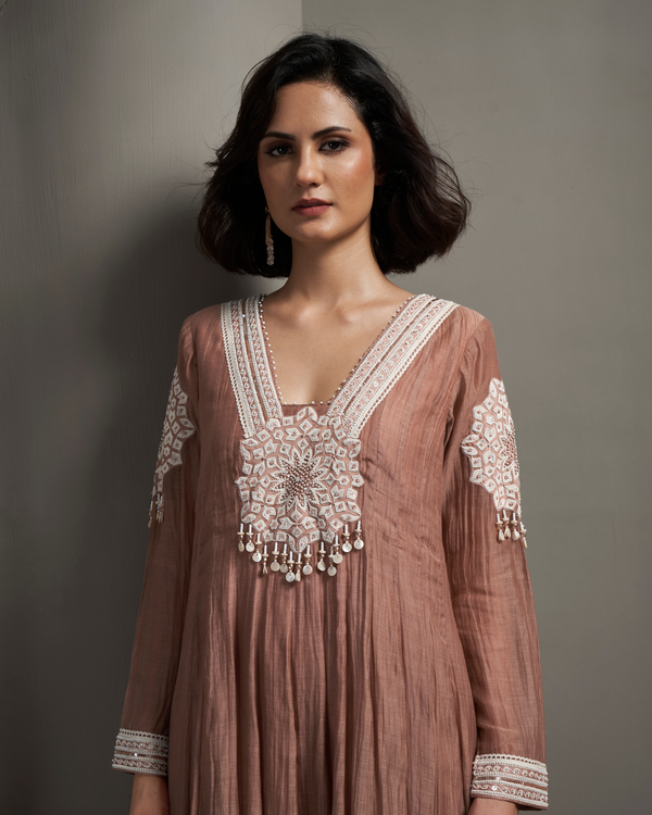 Coral Peach Malai Chanderi Anarkali Set