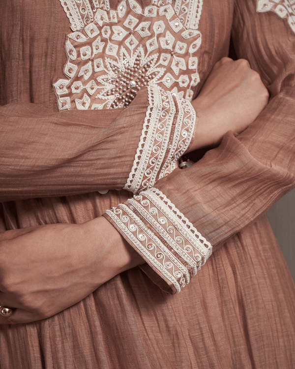 Coral Peach Malai Chanderi Anarkali Set