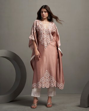 Ivory Peach Chanderi Silk Kaftan Set
