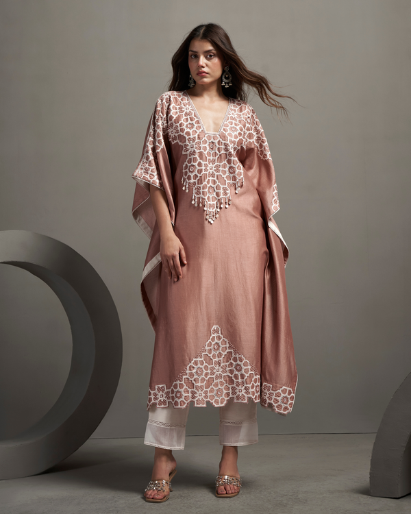 Ivory Peach Chanderi Silk Kaftan Set