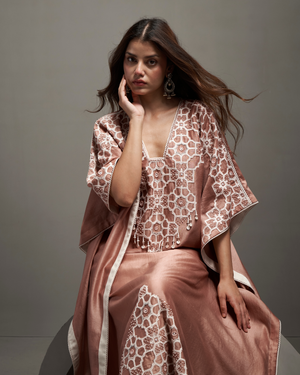 Ivory Peach Chanderi Silk Kaftan Set