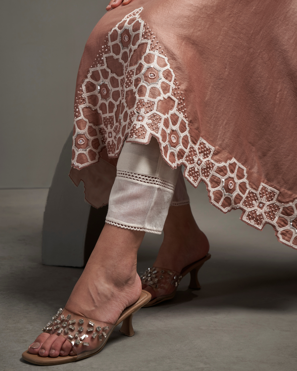 Ivory Peach Chanderi Silk Kaftan Set