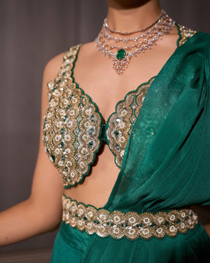 Teal Pre-draped Chiffon Saree
