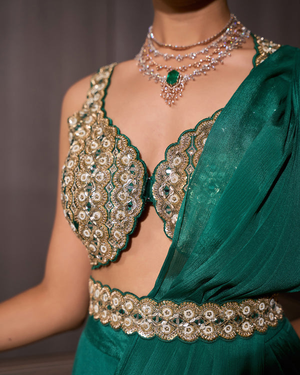 Teal Pre-draped Chiffon Saree