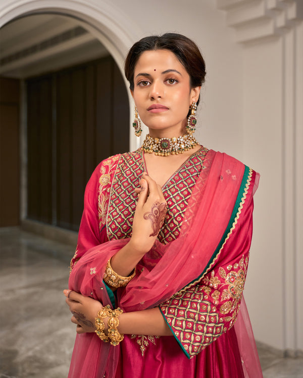 Hot Pink Embroidered Chanderi Suit Set