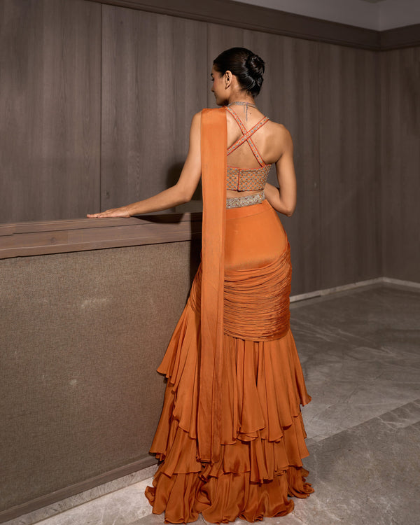 Copper Orange Pre-draped Chiffon Saree