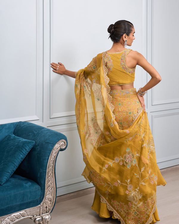 Marigold Ruffled Chiffon Saree