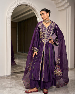 Plum Bell Sleeve Heavywork Kurta Set