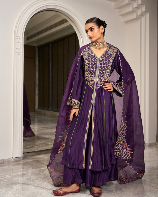 Plum Bell Sleeve Heavywork Kurta Set
