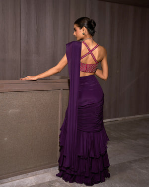 Deep Lilac Pre-draped Chiffon Saree