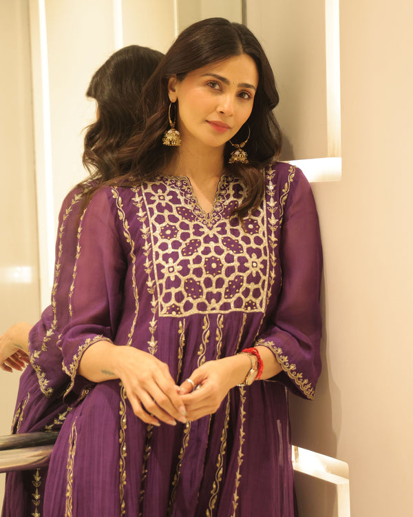 Daisy Shah In Mulberry Sequined Kalidar Kurta Set