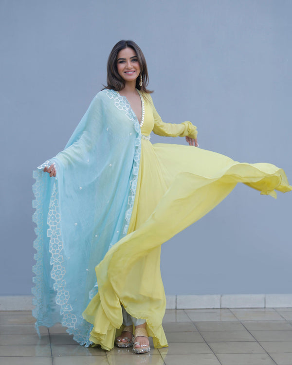 Jasmin Bhasin In Summer Lime Yellow Georgette Anarkali Set