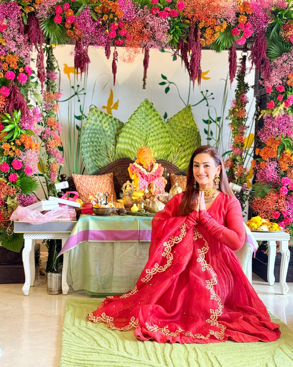 Akriti Kakar In Cherry Red Malai Chanderi Anarkali Set