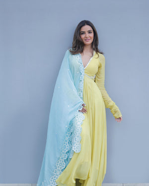 Jasmin Bhasin In Summer Lime Yellow Georgette Anarkali Set