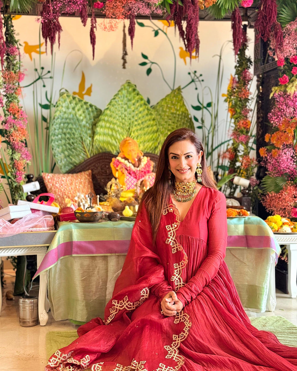 Akriti Kakar In Cherry Red Malai Chanderi Anarkali Set