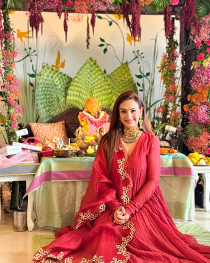 Akriti Kakar In Cherry Red Malai Chanderi Anarkali Set
