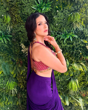 Sunny Leone Deep Lilac Pre-draped Chiffon Saree