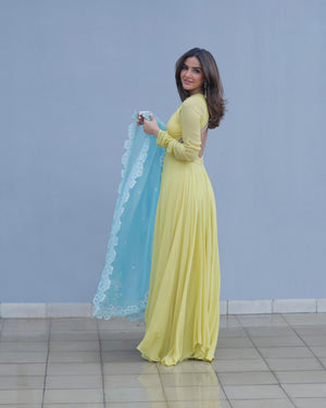 Jasmin Bhasin In Summer Lime Yellow Georgette Anarkali Set