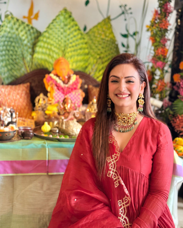 Akriti Kakar In Cherry Red Malai Chanderi Anarkali Set