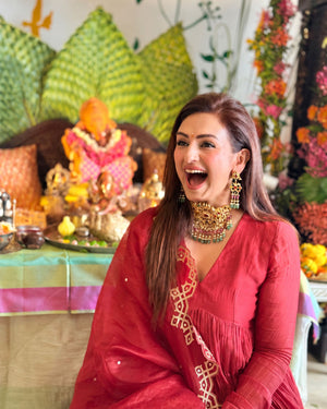 Akriti Kakar In Cherry Red Malai Chanderi Anarkali Set