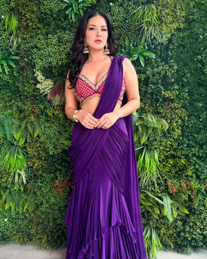 Sunny Leone Deep Lilac Pre-draped Chiffon Saree