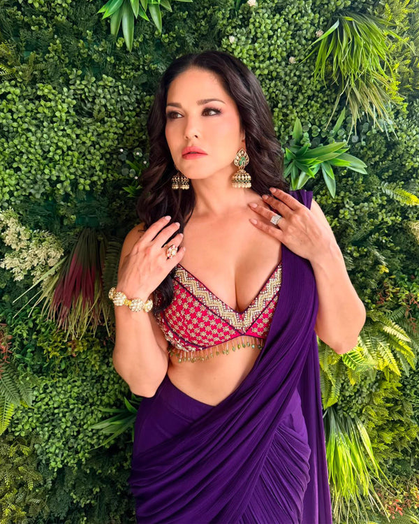 Sunny Leone Deep Lilac Pre-draped Chiffon Saree