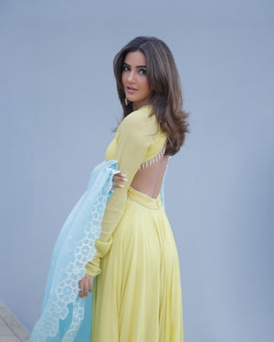 Jasmin Bhasin In Summer Lime Yellow Georgette Anarkali Set