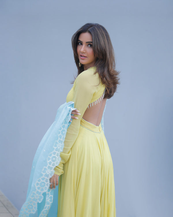 Jasmin Bhasin In Summer Lime Yellow Georgette Anarkali Set