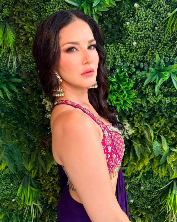 Sunny Leone Deep Lilac Pre-draped Chiffon Saree
