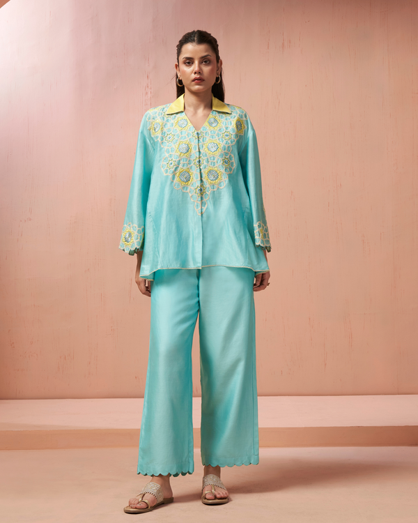 Aqua Jewel Chanderi Silk Shirt Co-ord Set