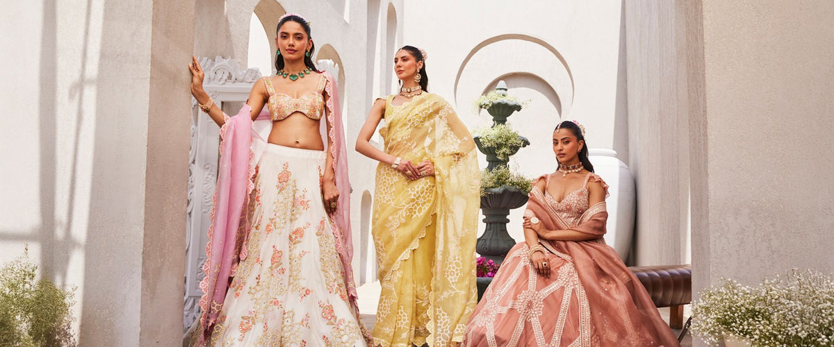 Creole designer ethnic wear collection banner for soft luxury sangeet and festive celebrations