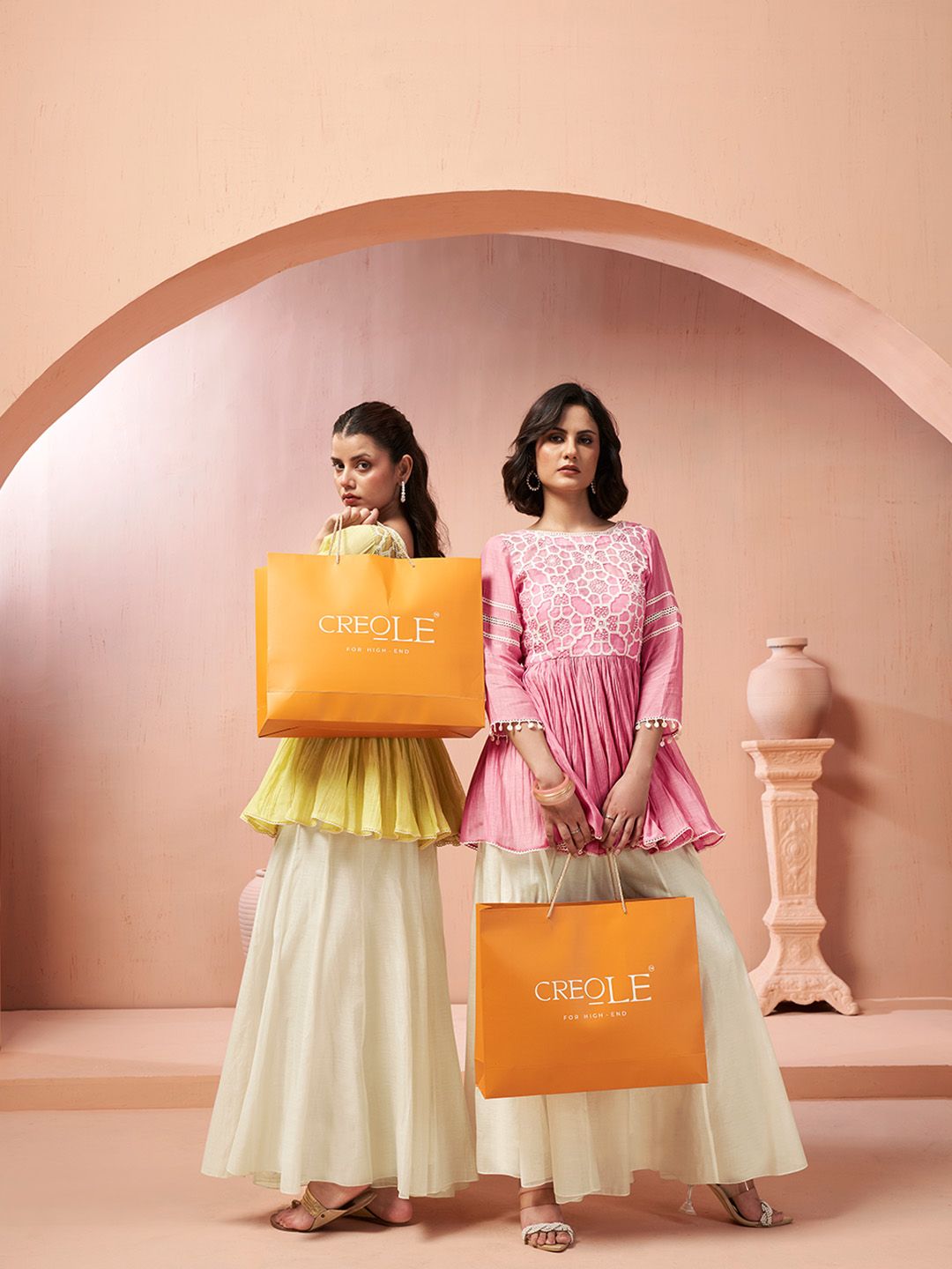 Creole mobile homepage banner featuring models in luxury handcrafted designer ethnic wear for women