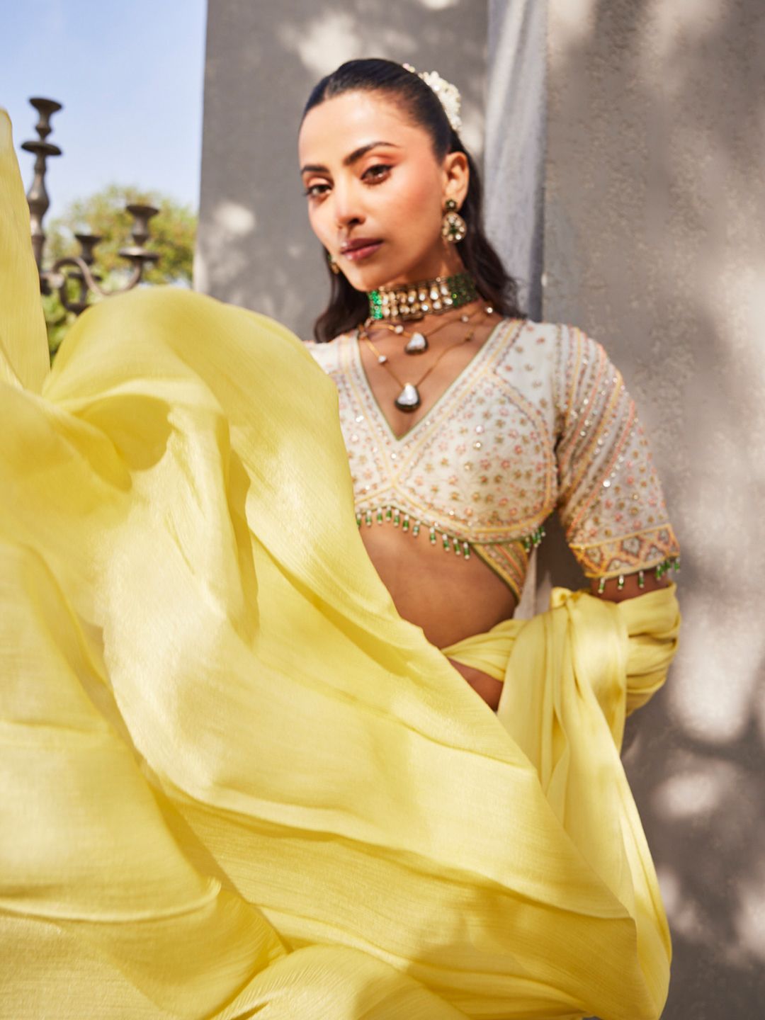 Model wearing luxury handcrafted designer ethnic wear from CREOLE's latest luxury apparel collection